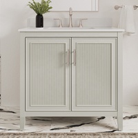 Meuble-lavabo double vasque crème cannelé autoportant pour salle de bain avec portes verticales à rainures et quincaillerie bronze brossé