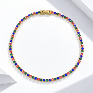 Collar choker chapado en oro con piedras redondas de circonia cúbica en rojo, azul y verde para mujer, estilo clásico para fiestas, cadena con cuentas. - Product Image 1