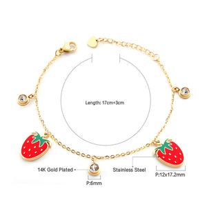 Pulsera Minimalista de Acero Inoxidable con Baño de Oro de 18K, Dije de Fresa Adorable, Colgante de Fruta Esmaltado y Cadena de Circonitas - Product Image 2
