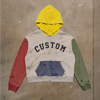 Sweat à capuche Hip Hop surdimensionné Gravvi en molleton 100 % coton épais, imprimé colorblock, patchwork, délavage vintage, fermeture éclair, logo personnalisé