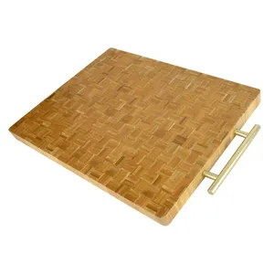 Custom Rectangle End Grain Bamboo Cutting Board With Metal Handle Vegetable Meat Kitchen Chopping Board Wood Butcher Block