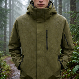Chaqueta Impermeable con Capucha para Hombre, Color Verde Oliva, con Cuello Alto y Bolsillos con Cremallera, para Uso en Exteriores en Invierno - Product Image 1