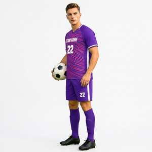 ชุดเสื้อฟุตบอลลายทางสีม่วงสำหรับผู้ชาย ชุดยูนิฟอร์มโพลีเอสเตอร์ระบายอากาศได้ดี คอวี แขนสั้น พิมพ์ชื่อทีมหมายเลข 22 - Product Image 1