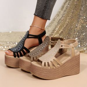Women Rhinestone Wedge <b>Sandals</b> Summer New Thick Sole Platform Large Hollow Elastic Strap Roman <b>Sandals</b> - Product Image 1