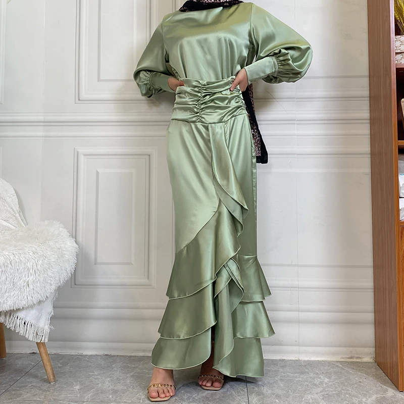 2237#+2238# Latest Fashion Set Thick Satin Lace Up Top And Pretty Pleated Zipper Skirt  Abaya Suit - CHAOMENG MUSLIM SHOP