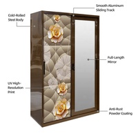 Indonesischer Schöner Bedruckter Moderner Stoff-Kleiderschrank Stahl-Schiebetür Doppeltüriger Spiegelschrank Schlafzimmerschrank Metall-Garderobe