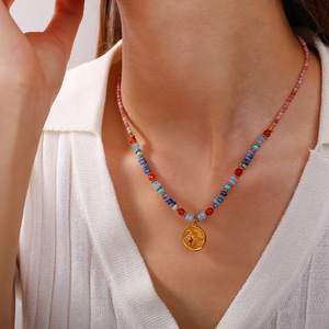 Natural Stone Beaded Necklace With Sun Pendant Geometric <b>Design</b> Zinc Alloy Fashion Jewelry For Women - Product Image 4