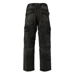 Jean cargo en denim noir délavé coupe droite pour homme avec taille élastique et cordon de serrage - Product Image 4