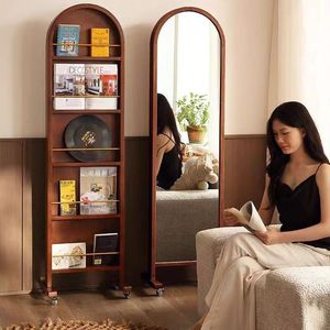 Retro Solid Wood Floor Mirror With Bookshelf Full Length Rotating Home Storage Vintage Walnut Black Mid Century Modern Design - Product Image 2