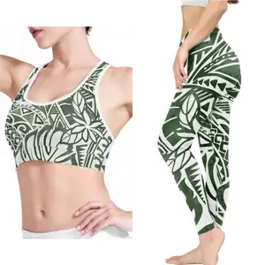 Toptan 2 parça spor sutyeni ve tayt dikişsiz spor setleri yeşil çiçekler polinezya tasarım özel spor giyim