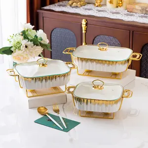 Wholesale Luxury Arabic Ceramic Food Warmers Buffet Chafing Dish Rectangle Food Warmer with Glass Lid Iron Stand