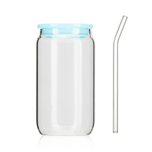 16oz Clear Borosilicate Glass Drinkware <strong>Mason</strong> <strong>Jar</strong> Beer Can Shaped with Colored Lid and Straw - Product Image 5