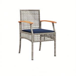 Sedia da Giardino in Rattan Grigio con Braccioli in Legno e Cuscino Blu, Arredamento da Esterno dal Design Contemporaneo con Gambe Affusolate - Product Image 1