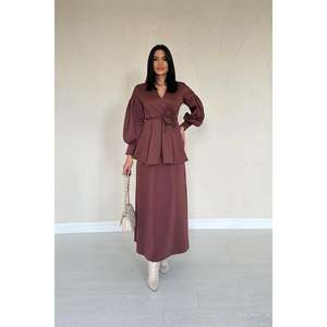 Elegante Conjunto de Traje Marrón para Mujer, Vestido Largo de Gasa con Mangas Largas, 100% Poliéster, Ropa Formal - Product Image 6