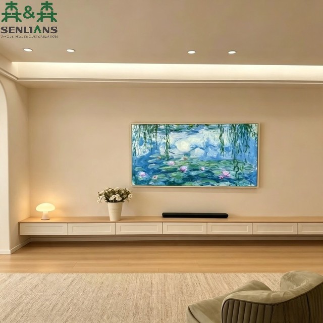 French Cream Style Floating TV Stand Wall Mounted Long Media Console White & Wood Entertainment Unit