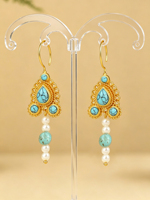 Boucles d'oreilles pendantes en argent sterling 925 plaqué or, filigrane, turquoise et perles, style ethnique vintage, longues à pampilles, vente en gros