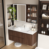 Meuble-lavabo de salle de bain en aluminium nid d'abeille couleur noyer profond, double tiroir, porte simple, armoire miroir LED intelligente, porte-serviettes, robinet blanc mat