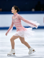 Robe de patinage artistique pour filles, rose et blanc dégradé, col montant, manches longues, en Spandex/Nylon, dos évidé, ornée de strass