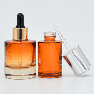 Botella redonda con cuentagotas para el cuidado de la piel, 30mL de suero, Color naranja, vidrio, cosméticos, aceite de hombro plano, con prensa de plata - Product Image 4