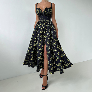 Maxi abito 2025 in puro cotone con spacco personalizzato prendisole regolabile all'americana abbigliamento da Resort floreale per abiti <span class=keywords><strong>Vintage</strong></span> stampati <span class=keywords><strong>Boutique</strong></span> - Product Image 2