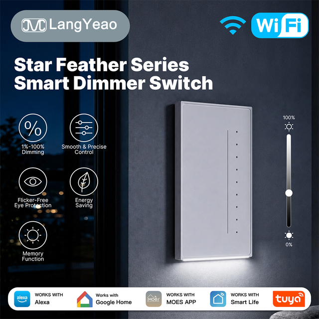 Moes Star Feather Tuya Zigbee Dimmer Switch, AG Glass 1%-100% Dimming 440W Works with Alexa Google Home