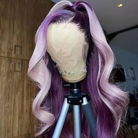 Perruque Lace Front 13x4 avec mèches violettes et rose pastel, pré-épilée, en cheveux humains vierges brésiliens, sans colle, style Body Wave