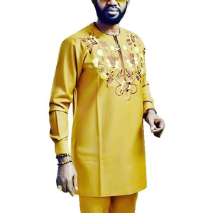 <span class=keywords><strong>Abito</strong></span> da <span class=keywords><strong>uomo</strong></span> islamico <span class=keywords><strong>giallo</strong></span> O collo a manica lunga 2 pezzi set di abiti tradizionali africani ricami taglie forti - Product Image 3