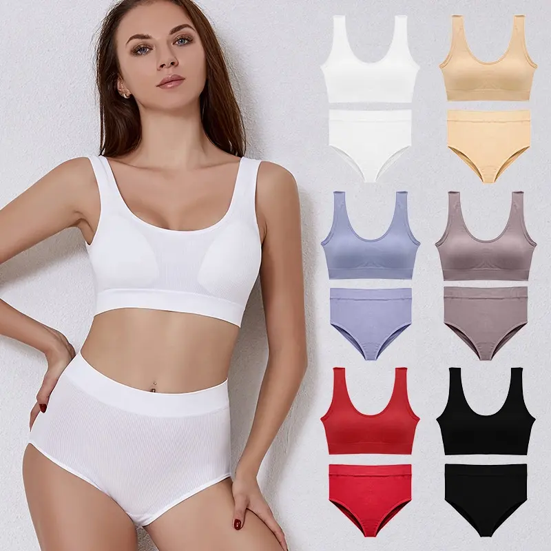 Z050 gros tricot soutien-gorge et slip ensembles deux pièces ensemble de sous-vêtements larges bretelles soutien-gorge de sport ensemble de lingerie solide