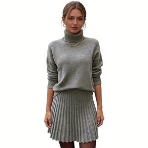 Women's 2 Piece <b>Knit</b> <b>Set</b> - Turtleneck Sweater & Pleated Mini Skirt Womens Clothes Womens <b>Sets</b> Fashion - Product Image 1