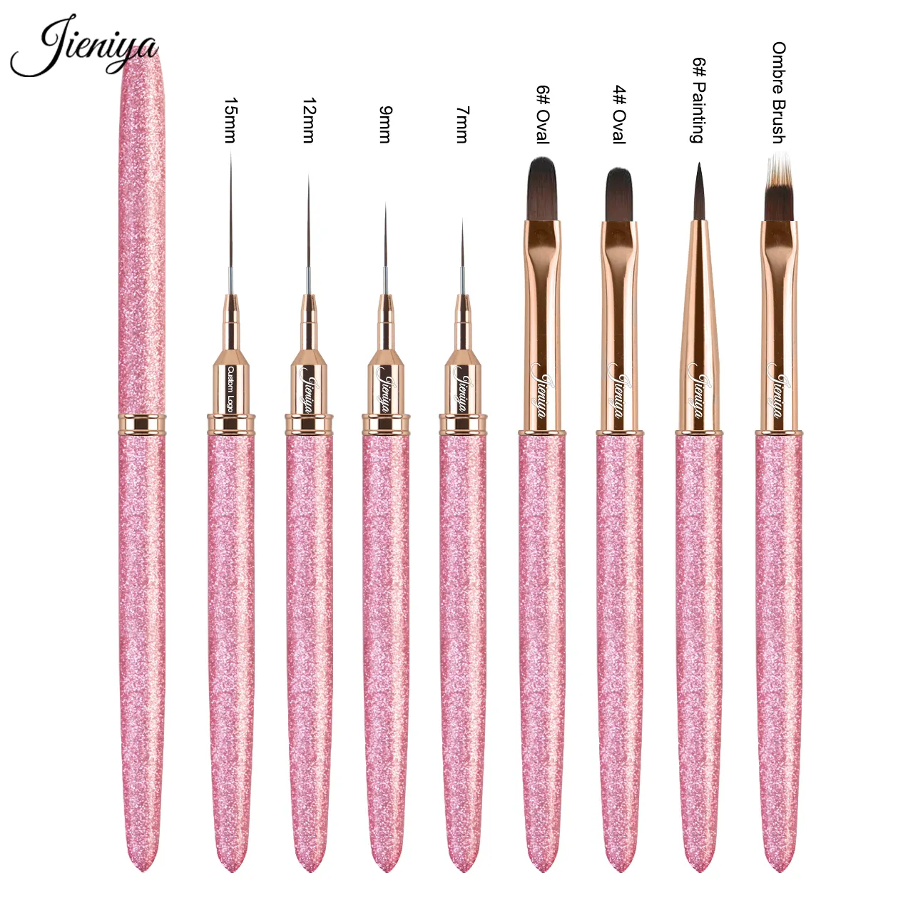 JIENIYA Factory price Kolinsky/Nylon Hair Pink glitter decorative handle Liner/french/Oval/Ombre gel Nail Brush Set