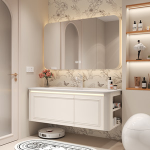Cream-Toned French-Style Ceramic Vanity with Integrated Sink Lace-Edged <b>Mirror</b> Oak Finish—A Light Luxury Bathroom Cabinet - Product Image 2