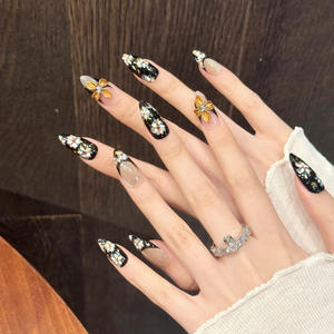 Ontwerp # 3234 # 3236 Luxe handgemaakte 3D bloemen nagelkunst zwart gouden Franse opzetnagels volledige dekking dikke acryl kunstnagels - Product Image 3