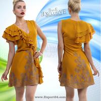 Robes maxi en mousseline de viscose à motif floral moutarde, écologiques, lavables, à taille naturelle, drapées, col en V, manches courtes pour femmes