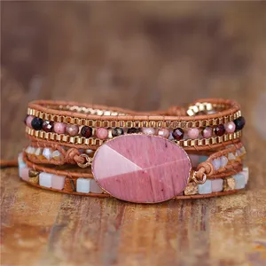Bingyuetong — Bracelet en cuir Rhodonite rose avec perles, pierre naturelle, bijoux à enrouler, style BOHO,