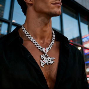 Chaîne cubaine tendance en alliage de zinc avec strass et pendentif cœur brisé « No <span class=keywords><strong>Love</strong></span> » pour homme, style hip-hop streetwear - Product Image 1