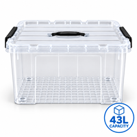 Organisateur de placard pour la maison, boîte de rangement en plastique transparent 43L, empilable, avec couvercle et poignée noire, pour serviettes et linge