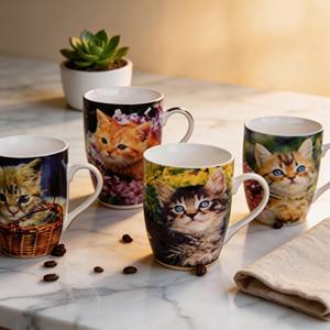 Service à thé HARVIT en porcelaine avec tasse et soucoupe, motif animaux - Chat et chaton, motifs imprimés pour fêtes - Product Image 1