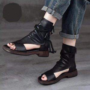 Nouvelles sandales-bottes de luxe vintage pour femmes en cuir souple, style gladiateur, à découpes, en cuir véritable, avec lacets et fermeture éclair arrière - Product Image 2