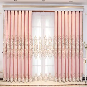 European High-grade Chenille Bedroom Curtain Finished Pink Shading Embroidered Gauze Curtain Wedding Room Floor Curtain 10 Woven