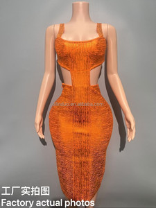 Robe de soirée sirène mi-mollet <span class=keywords><strong>pour</strong></span> <span class=keywords><strong>femme</strong></span>, taille empire, froncée, à bretelles spaghetti, col halter, design ajouré, en tissu élastique - Product Image 5
