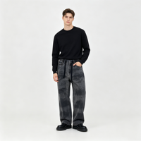 Jean Snow Wash pour homme, gris foncé, coupe large, taille élastique avec passants de ceinture, cordon de serrage, poches plaquées
