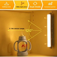 Lampu LED Sensor Gerak PIR Stickon, Lampu Malam Bertenaga Baterai Kering, Lampu Bawah Kabinet dengan Pengait untuk Lemari, Lemari Pakaian, dan Dapur