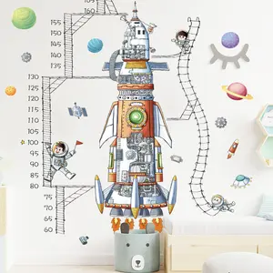 חלל קריקטורה רוקט גובה מדידת שליט קיר מדבקות לילדים חדר משתלת סלון קישוט קיר מדבקות