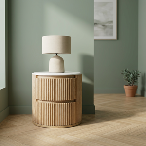 <b>Oak</b> Modern Fluted Round Nightstand Solid Wood <b>Bedside</b> <b>Table</b> Two Drawer End <b>Table</b> Bedroom Furniture for Hotel - Product Image 3