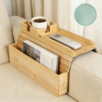 Plateau d'accoudoir de canapé en bambou avec compartiment de rangement latéral, table d'accoudoir pliable avec porte-gobelet pour collations, télécommandes et tablettes