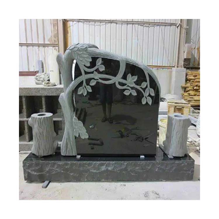 Custom Design Tree Shape Marble Grave Black Stone Granite Tombstone Memorial Grave Lanterns Granite White