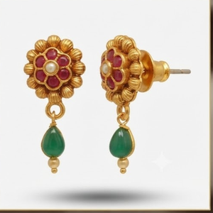 Red Green Stones <b>Pearl</b> Drop Pendant Matching Earrings Traditional Bridal Jewelry Gold Temple Style <b>Necklace</b> <b>Set</b> - Product Image 4