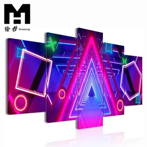 Colorful Neon Channel Gamer Symbol Picture Game Room Game Printed Modern 5 panels wall art canvas painting