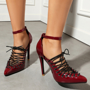 Sandales sexy à talons hauts pour femmes, à découpes et à lacets, à bout pointu, style stiletto, avec bride de cheville, pour l'été, grande taille 47, chaussures de soirée à coupe large - Product Image 1