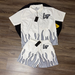 Custom Men's Summer Outfits Streetwear Nylon Windbreaker Jacket <strong>Shirt</strong> and Shorts <strong>Flame</strong> Embroidery Logo Tracksuit Two-Piece Set - Product Image 5
